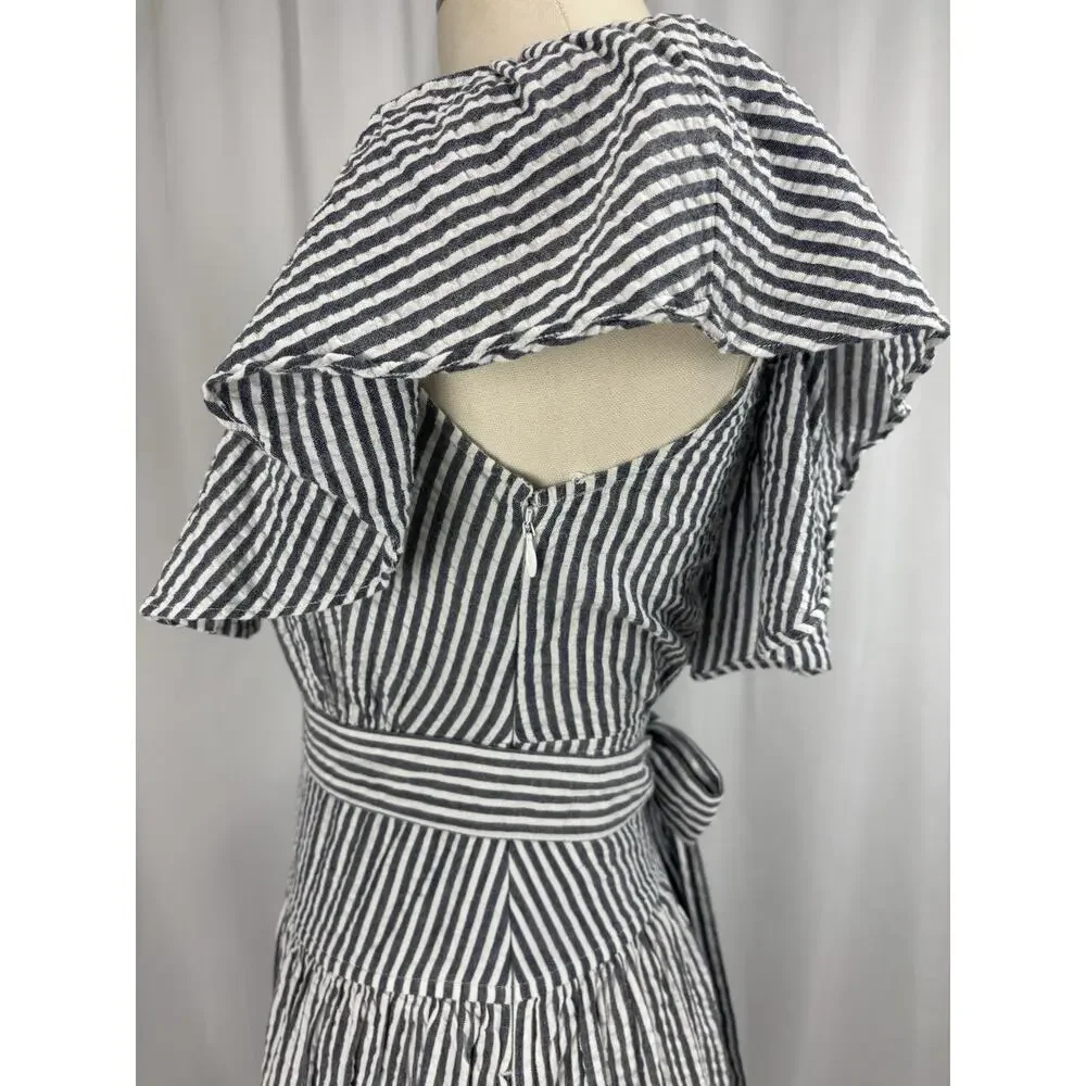 Tory Burch Eyelet Embroidered Seersucker Stripe Ruffles Midi Dress 0 $548